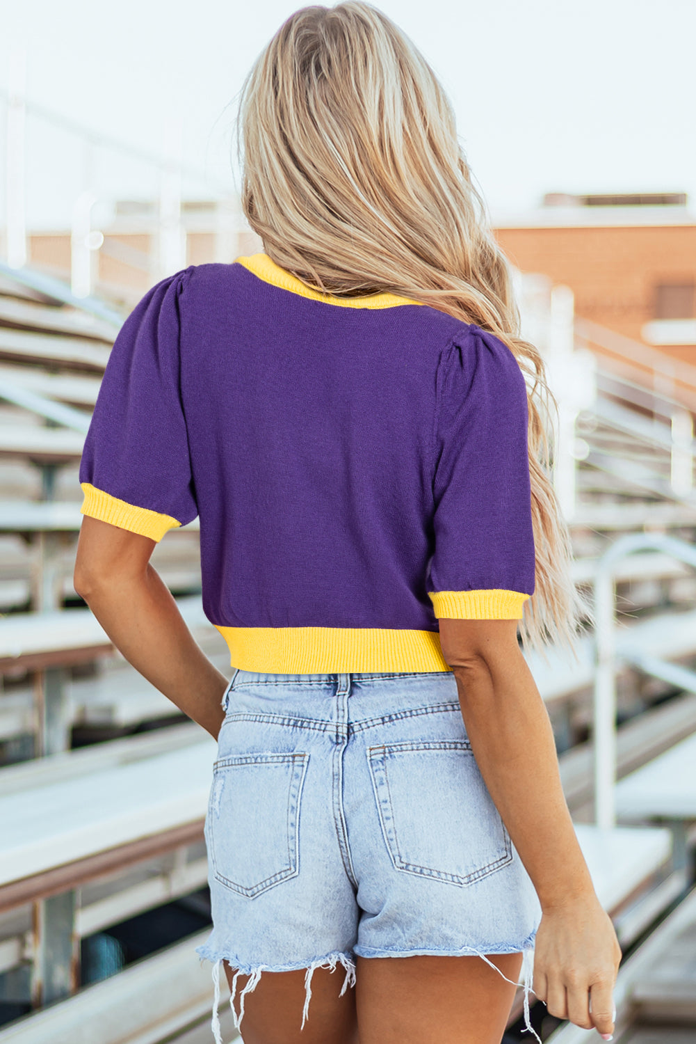 Red Sequin Rugby Color Block Puff Short Sleeve Sweater