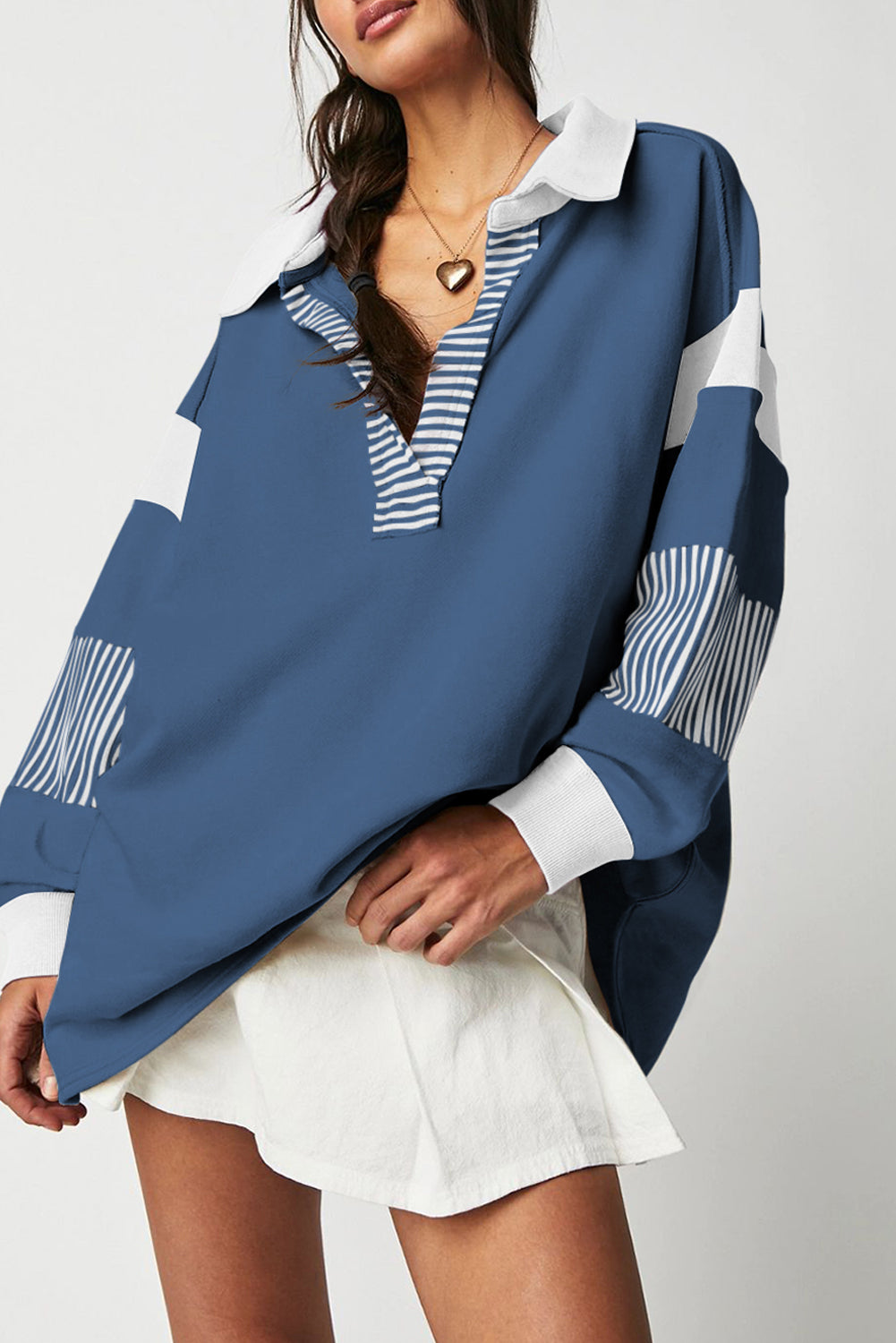 Dark Blue Striped Colorblock Patchwork Collar Sweatshirt