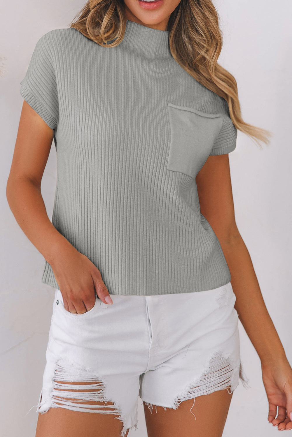 Oatmeal Patch Pocket Ribbed Knit Short Sleeve Sweater