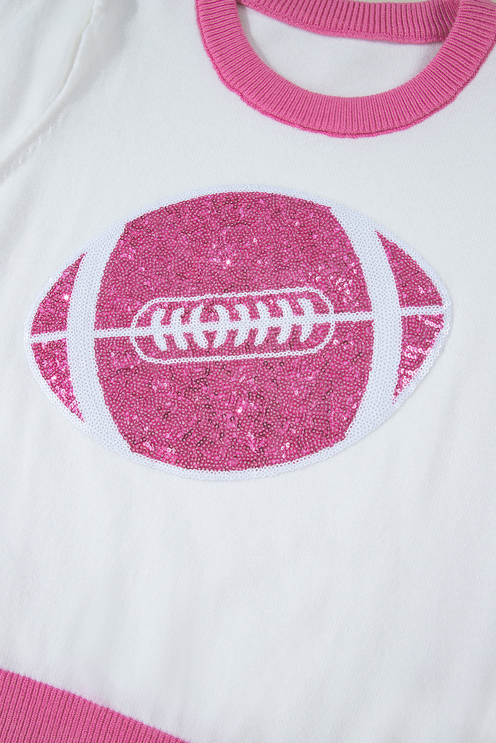 Red Sequin Rugby Color Block Puff Short Sleeve Sweater