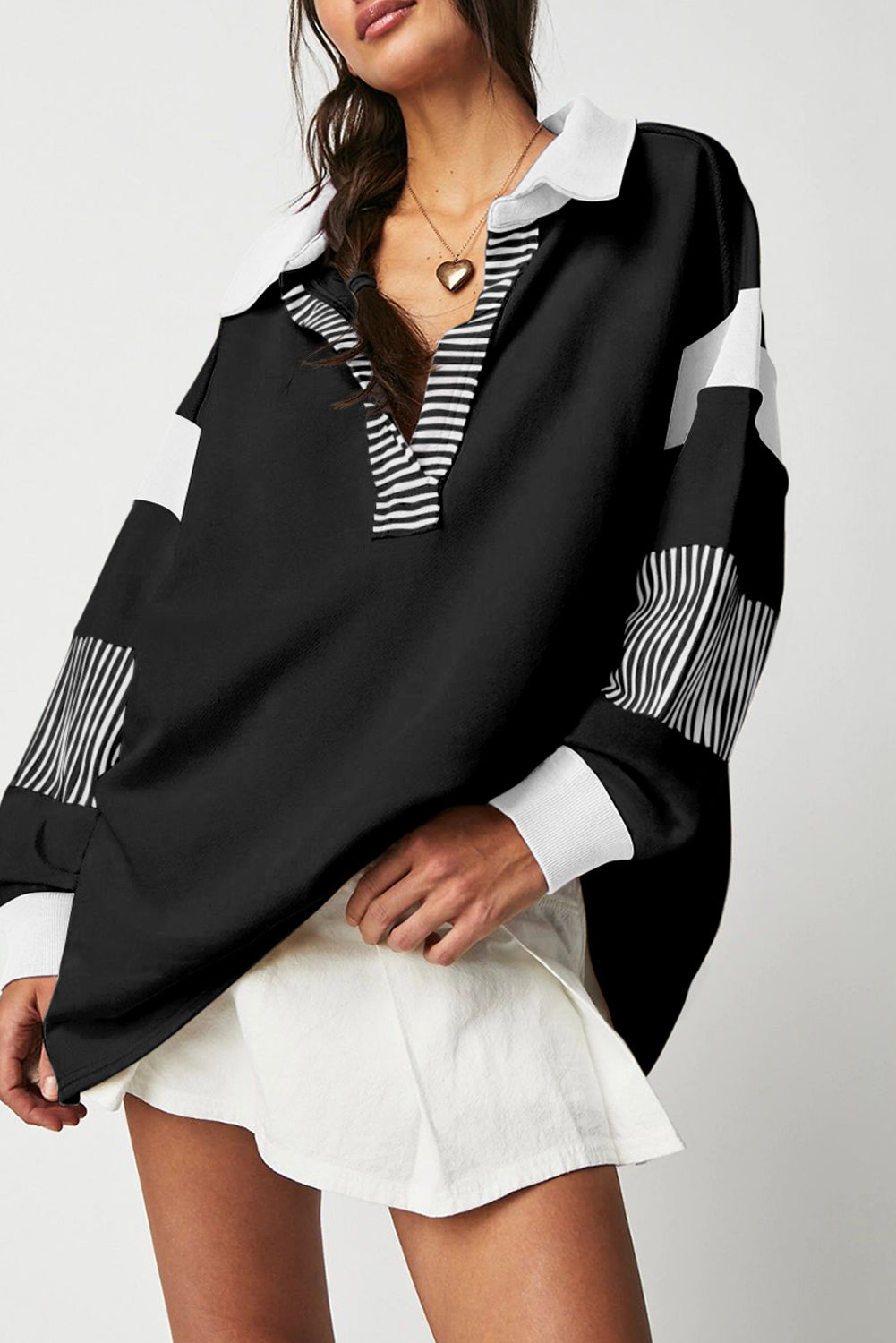 Dark Blue Striped Colorblock Patchwork Collar Sweatshirt