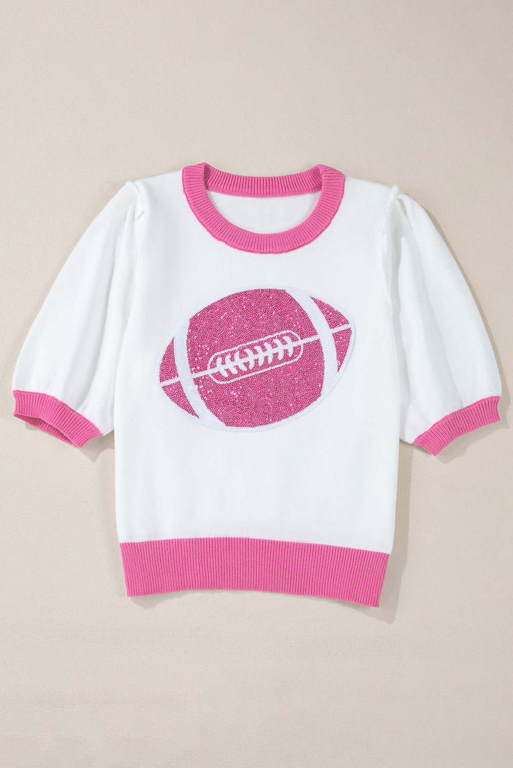 Red Sequin Rugby Color Block Puff Short Sleeve Sweater