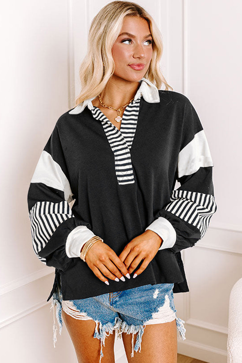 Dark Blue Striped Colorblock Patchwork Collar Sweatshirt