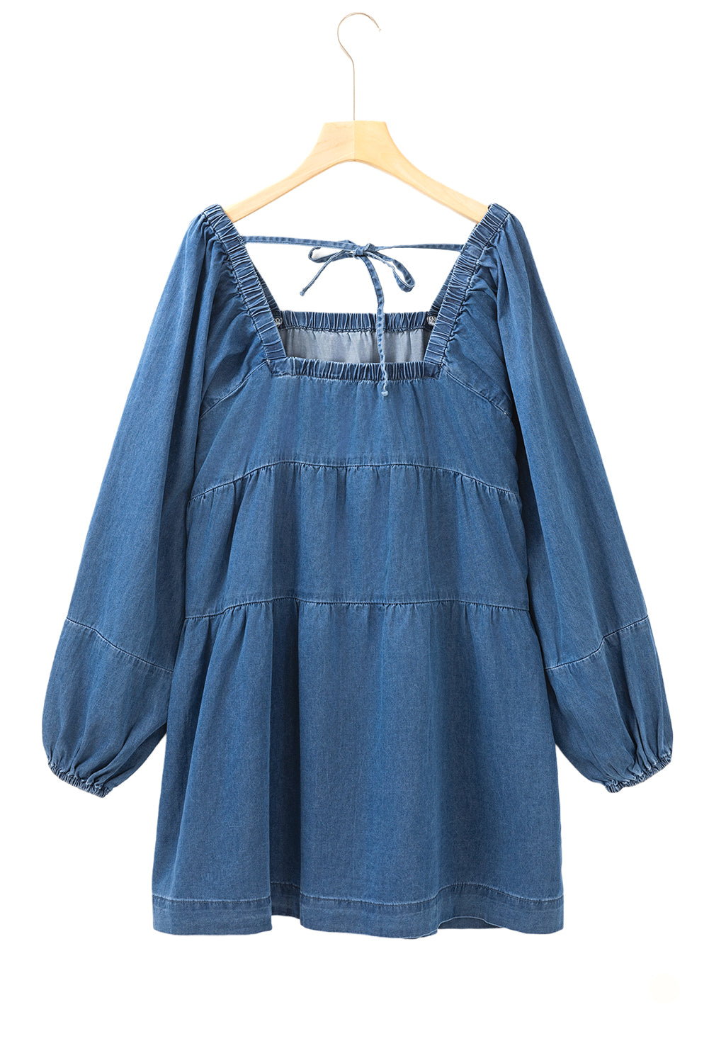 Dusk Blue Square Neck Side Pockets Loose Fit Denim Mini Dress