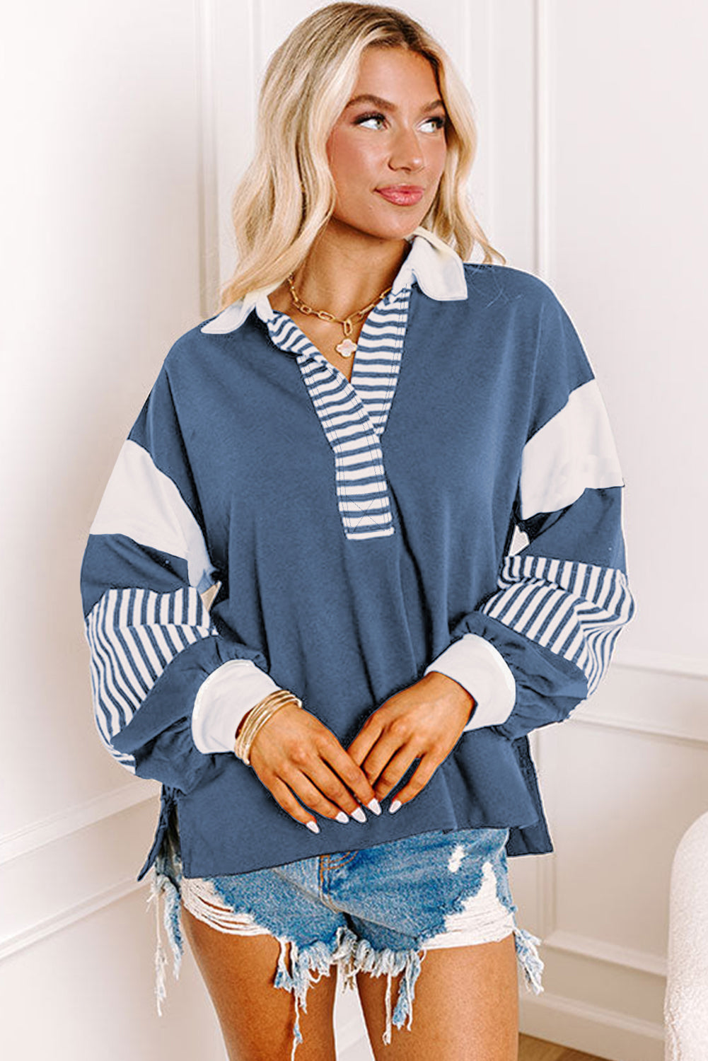 Dark Blue Striped Colorblock Patchwork Collar Sweatshirt